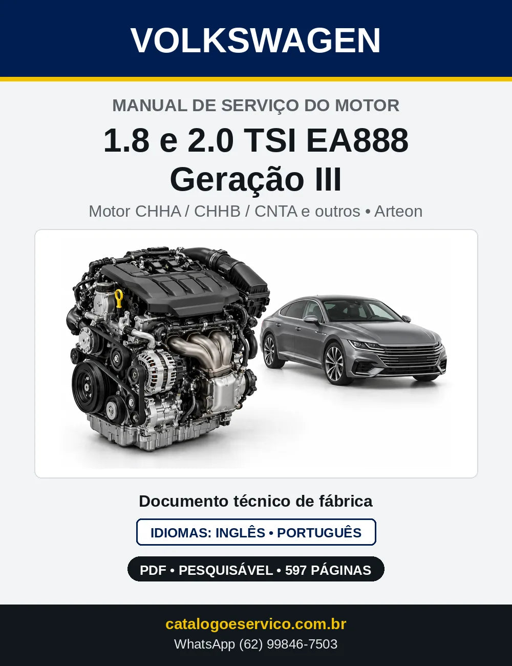 Capa do manual de serviço do motor 1.8 e 2.0 TSI EA888 Geração III (CHHA) — Arteon, Golf e Passat em PDF