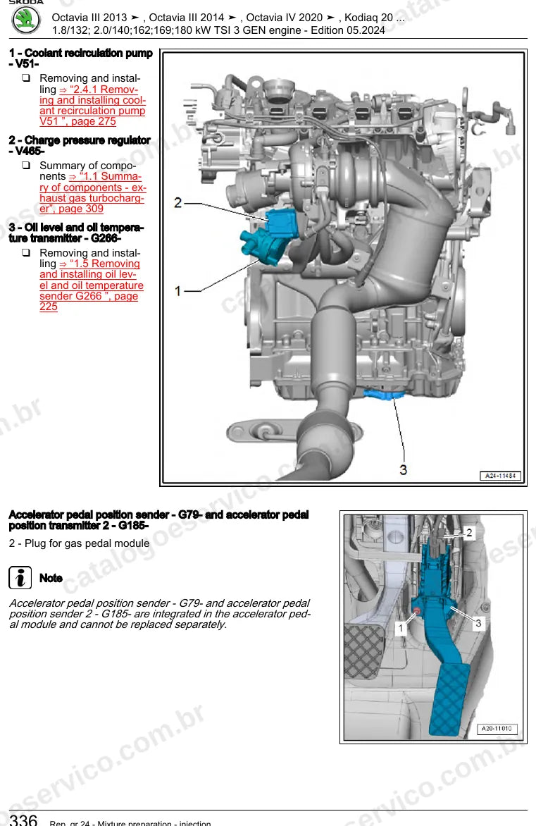 Página ilustrada do manual de serviço do motor 1.8 e 2.0 TSI Geração III (CJSA) — Skoda Octavia III, Octavia IV e Kodiaq — figura 1