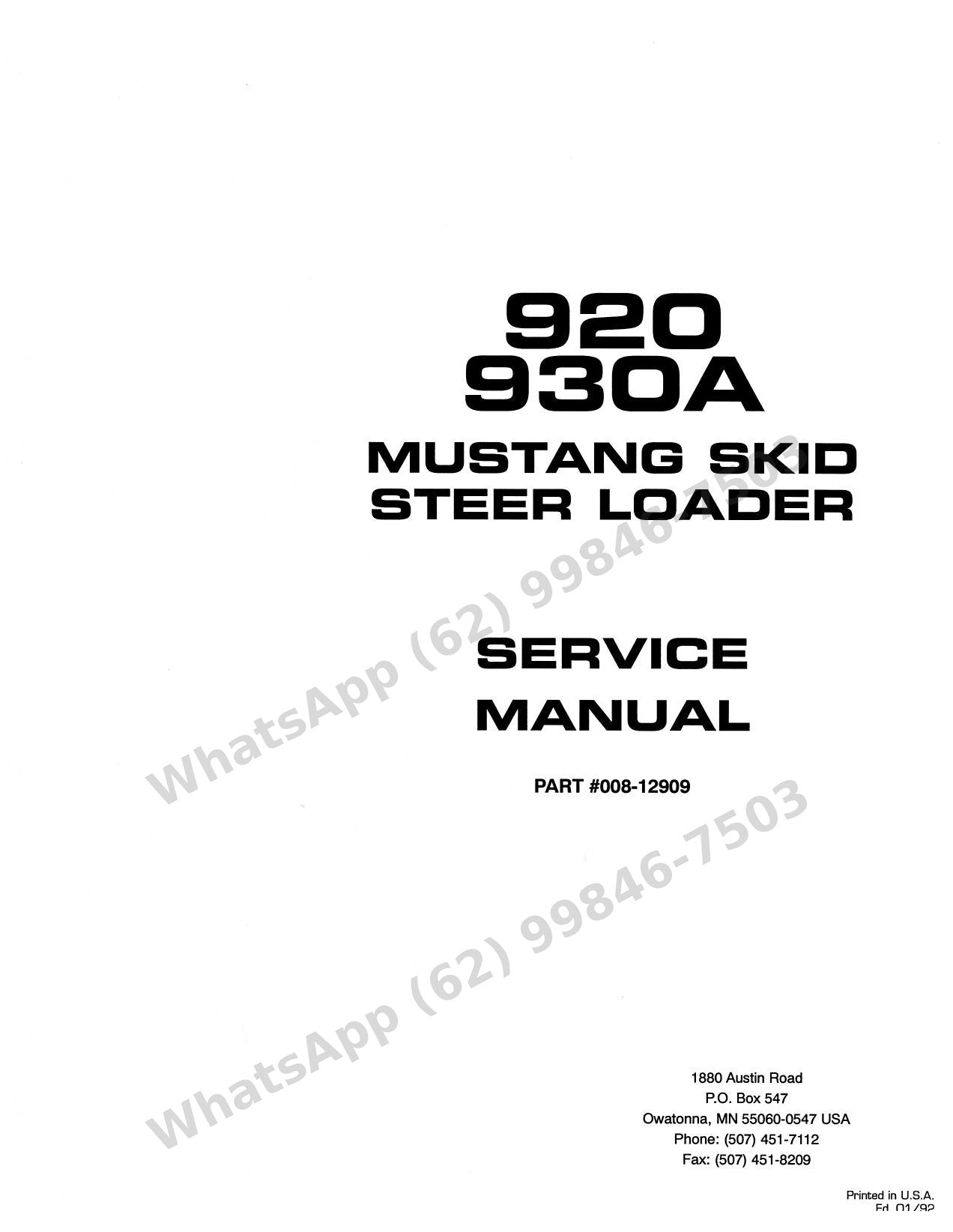 Manual de Serviço Mustang 920 930A Mini Carregadeira — raridade de 1992: válvula Dukes, pressões de alívio e neutro hidrostático no ponto