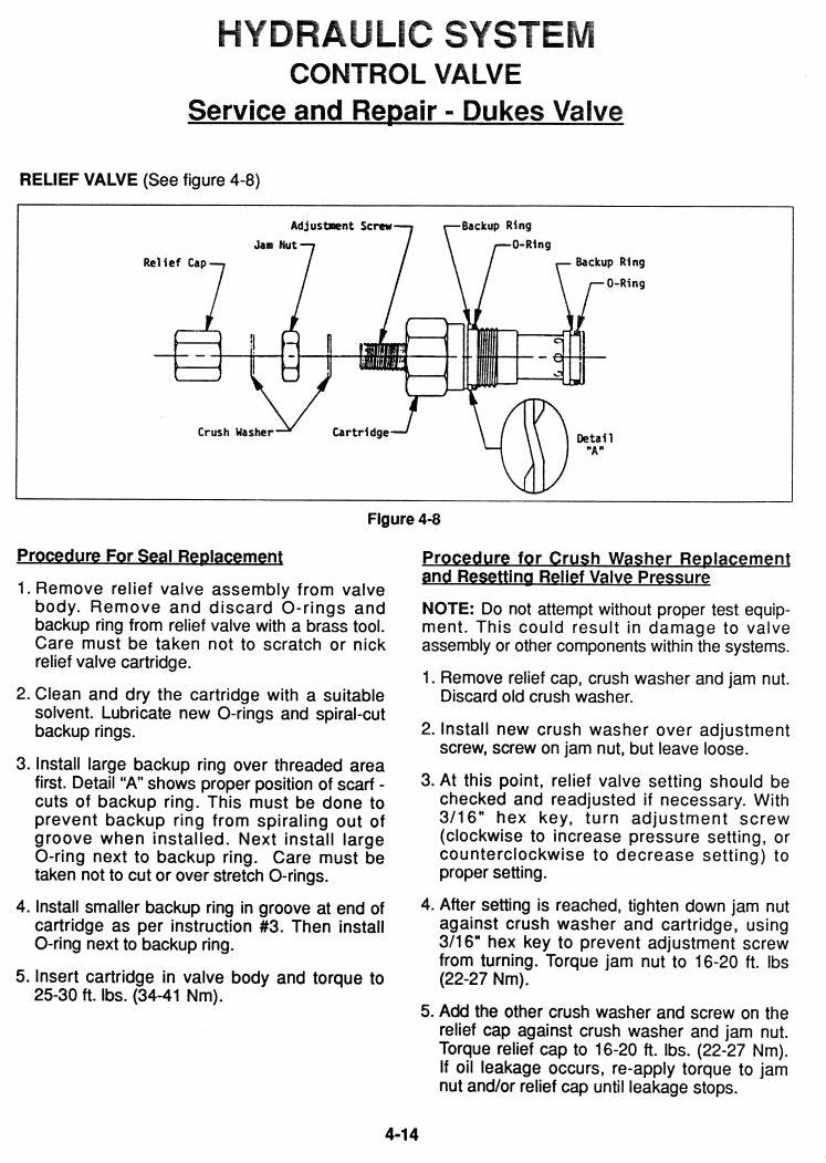 Manual de Serviço Mustang 920 930A Mini Carregadeira — raridade de 1992: válvula Dukes, pressões de alívio e neutro hidrostático no ponto — página interna 2