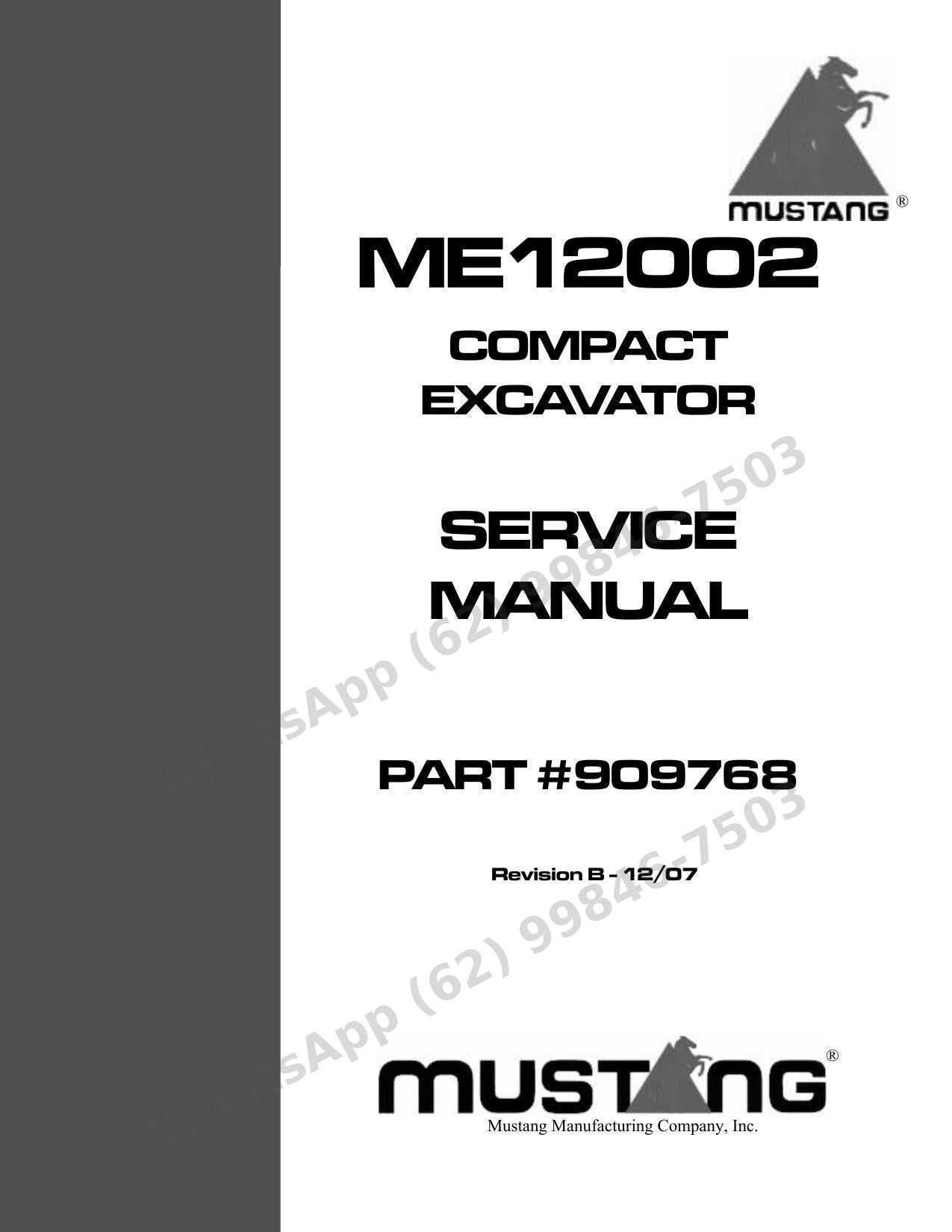 Manual de Serviço Mustang ME12002 Escavadeira Compacta — duas motorizações cobertas e checklists de pressão hidráulica com valores de referência