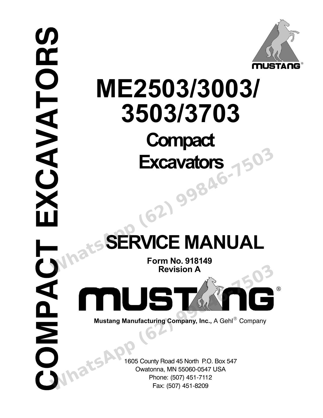 Manual de Serviço Mustang ME2503-3003-3503-3703 Escavadeira Compacta — quatro modelos e duas motorizações num guia técnico enxuto