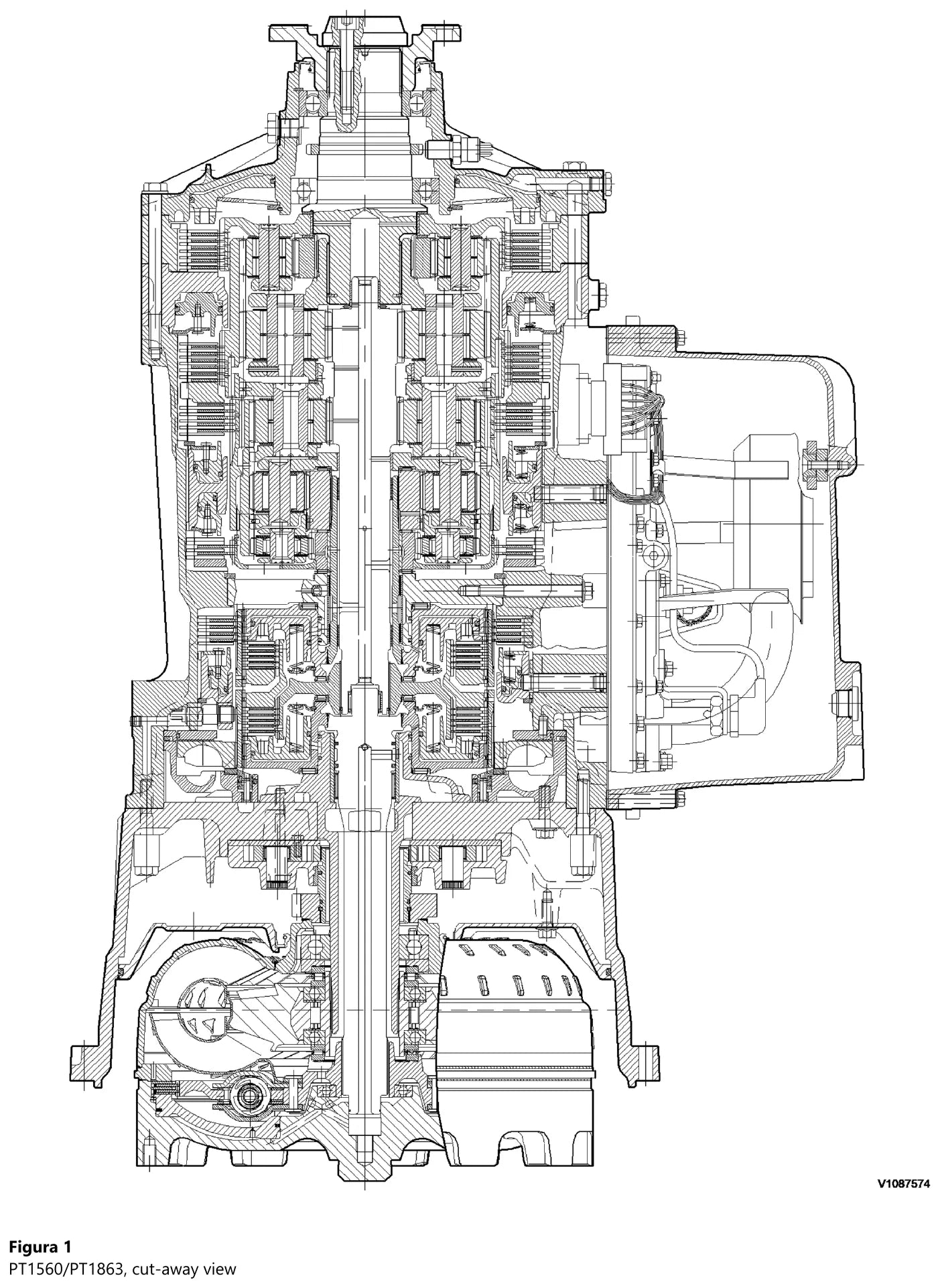 Vista em corte da transmissão Volvo PT1560 mostrando o conversor de torque, as embreagens K1 e K2, os freios B1 a B5 e os cinco estágios planetários em sequência