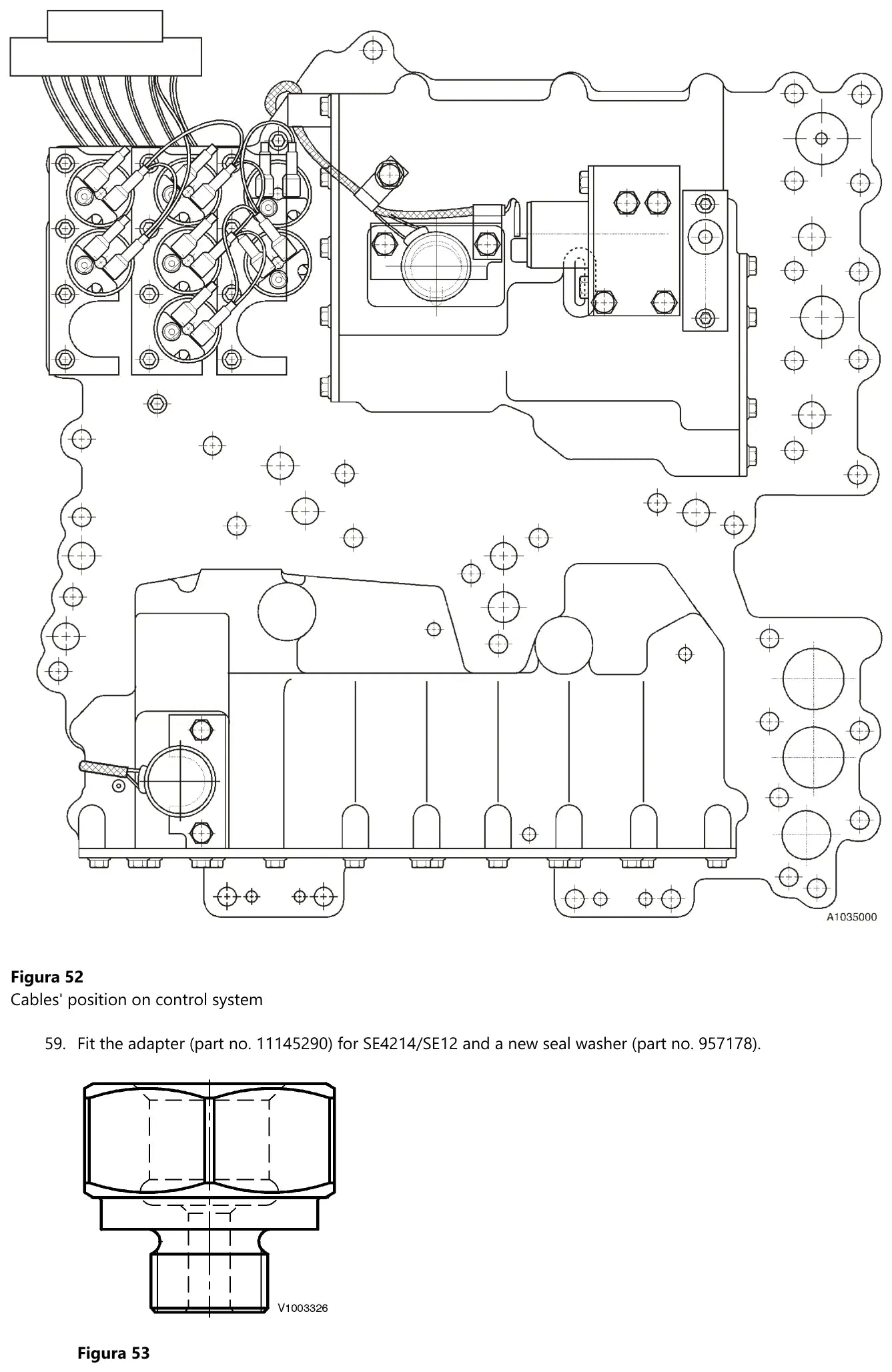 Posição dos cabos sobre o sistema de comando da transmissão Volvo PT1862, com o bloco de solenoides e o adaptador 11145290 do sensor SE4214/SE12