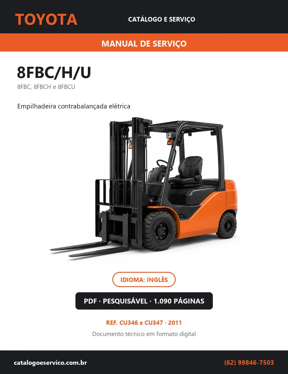 Capa do Manual de Serviço Toyota 8FBC/H/U — empilhadeira contrabalançada elétrica, 1090 páginas em PDF