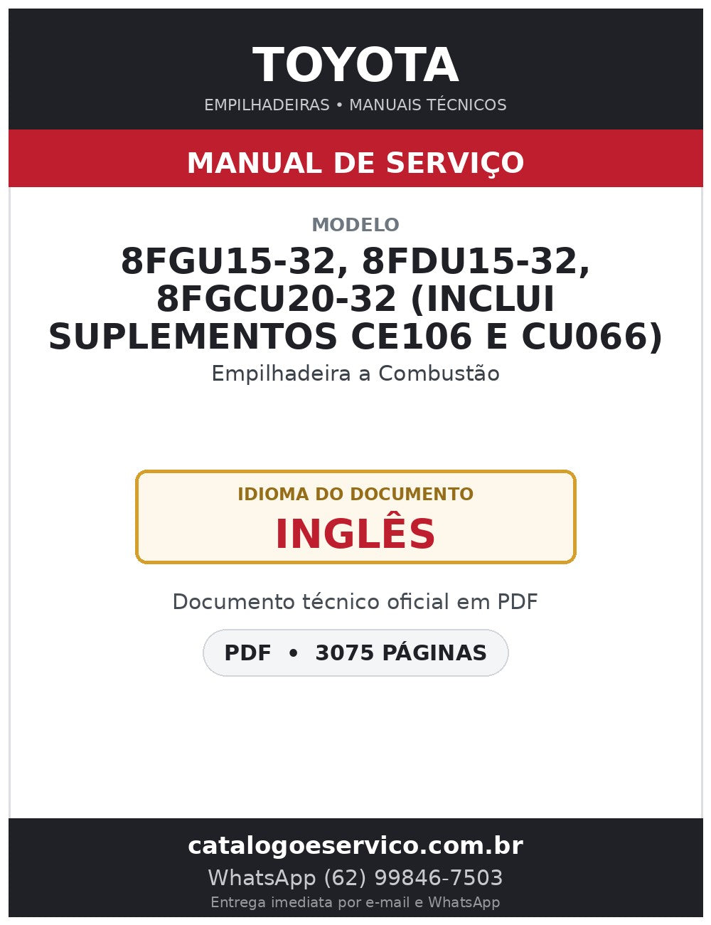 Manual de Serviço Toyota 8FGU15-32, 8FDU15-32, 8FGCU20-32 Empilhadeira a Combustão