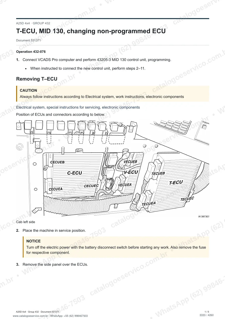 Manual de serviço Volvo A25D 4x4: página de procedimento com texto e figura