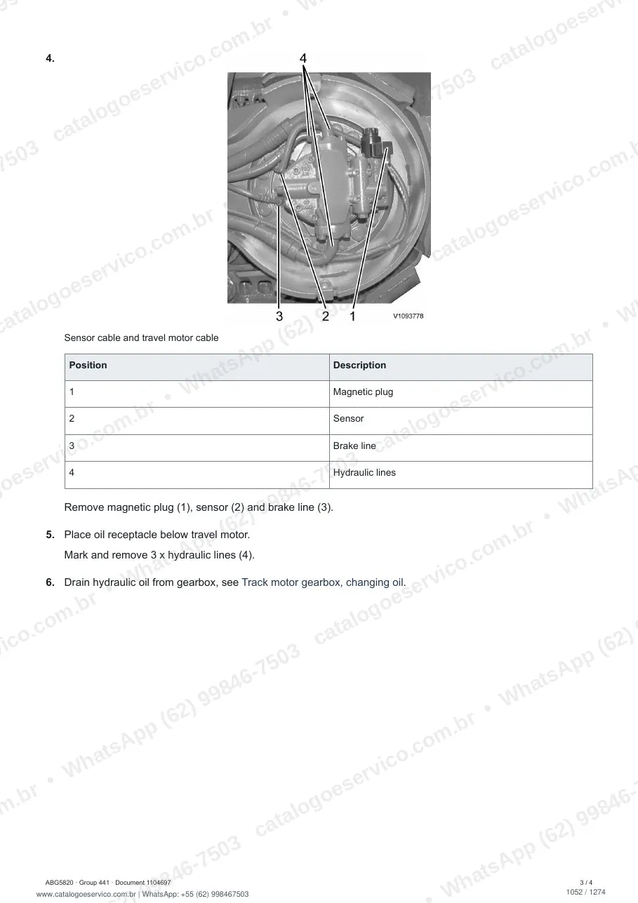Manual de serviço Volvo ABG5820: página de procedimento com texto e figura