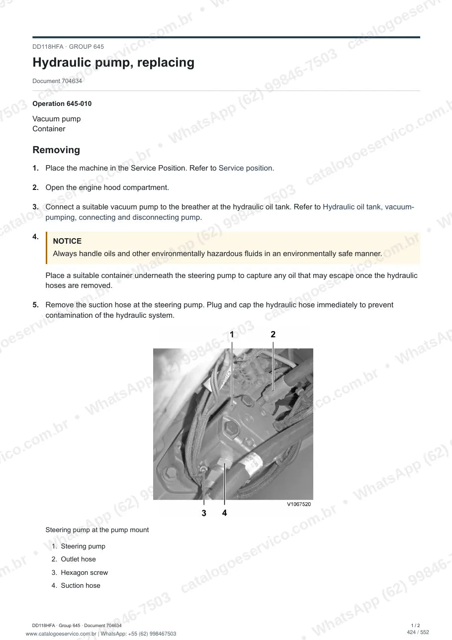 Manual de serviço Volvo DD118HFA: página de procedimento com texto e figura