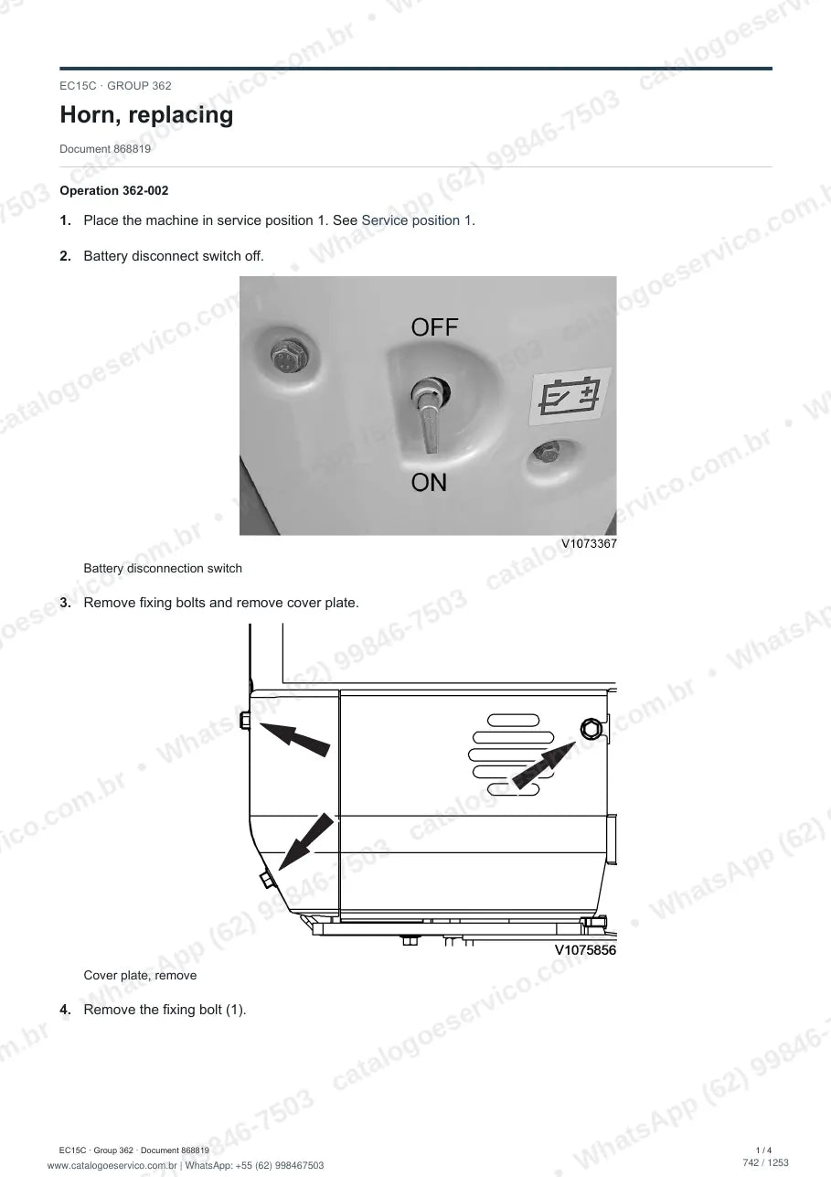 Manual de serviço Volvo EC15C: página de procedimento com texto e figura (2)
