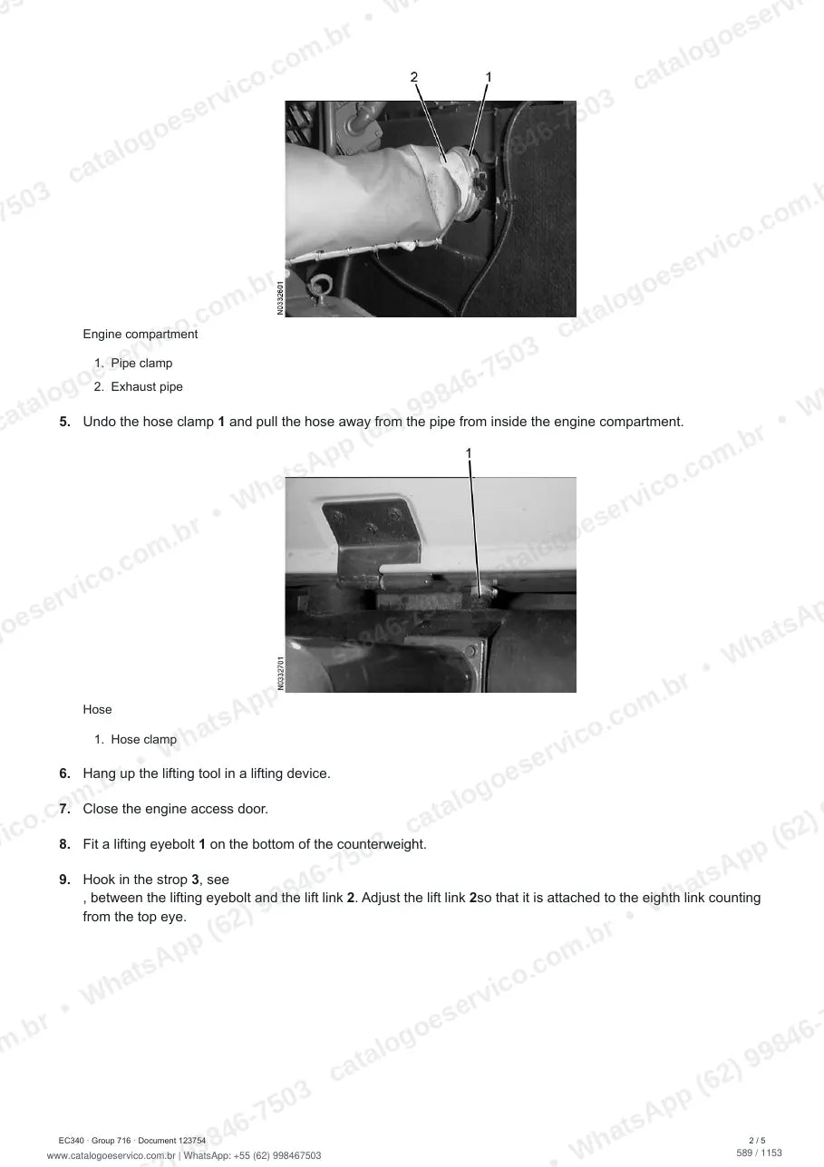 Manual de serviço Volvo EC340: página de procedimento com texto e figura