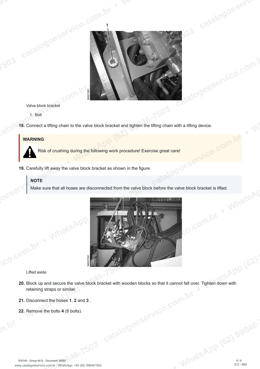 Manual de serviço Volvo EW140: página de procedimento com texto e figura