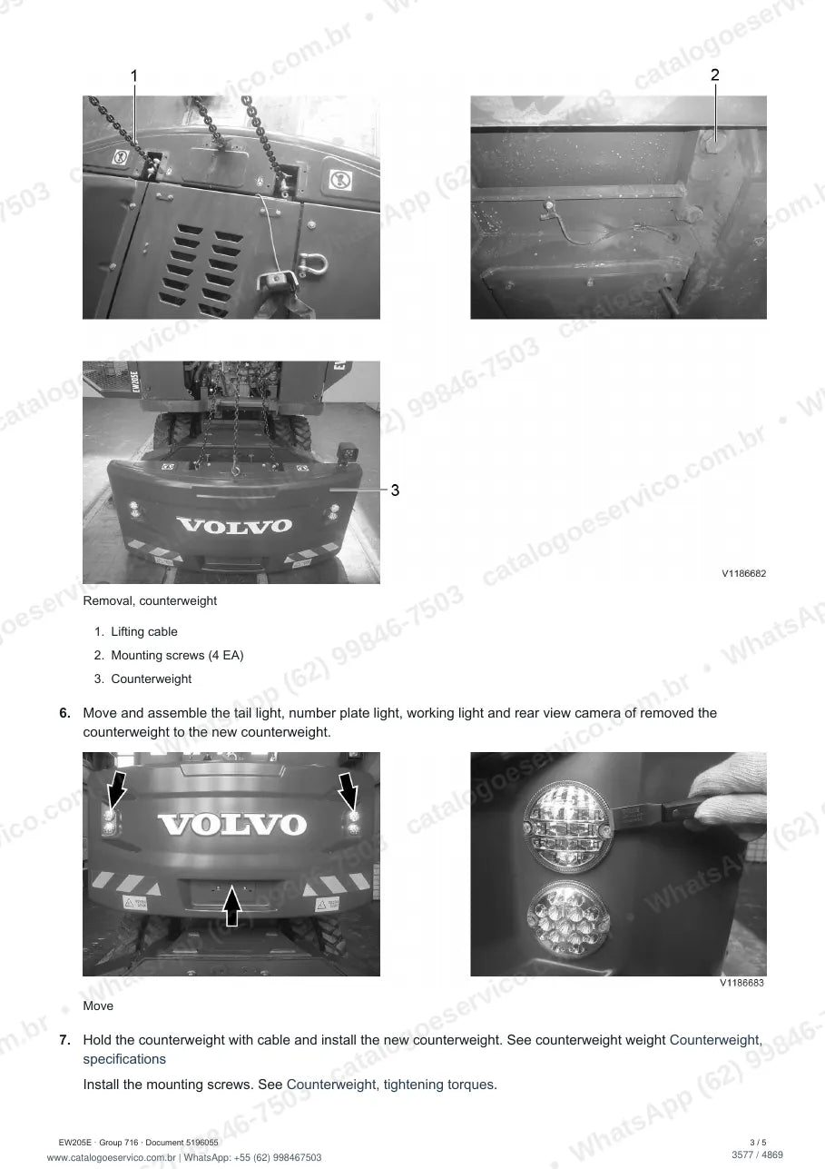 Manual de serviço Volvo EW205E e EW205E C4: página de procedimento com texto e figura