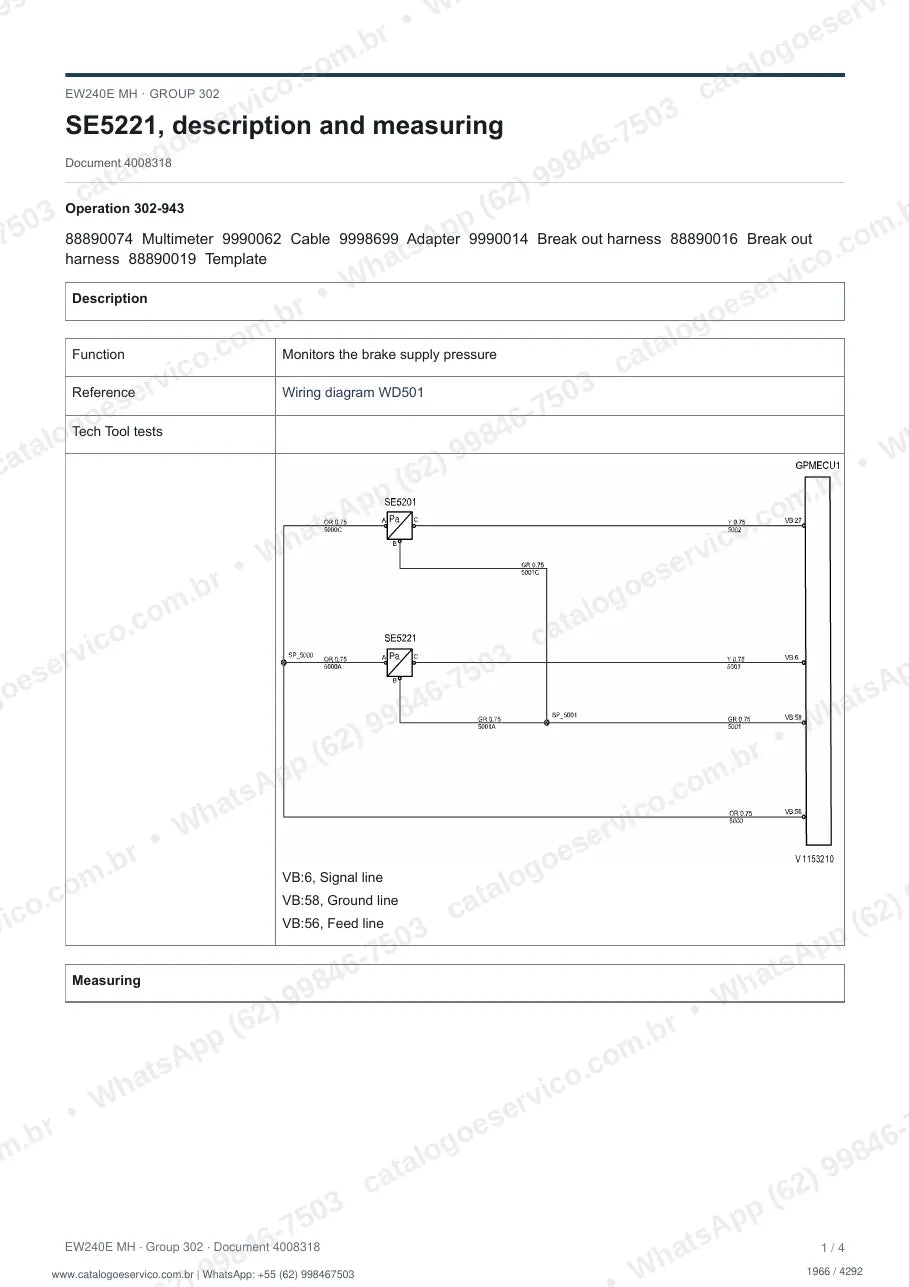 Manual de serviço Volvo EW240E MH: página de procedimento com texto e figura