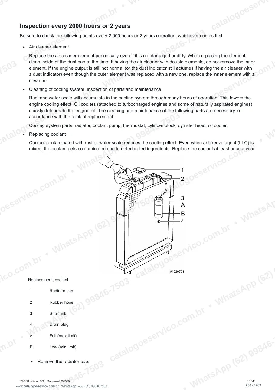 Manual de serviço Volvo EW55B: página de procedimento com texto e figura (2)