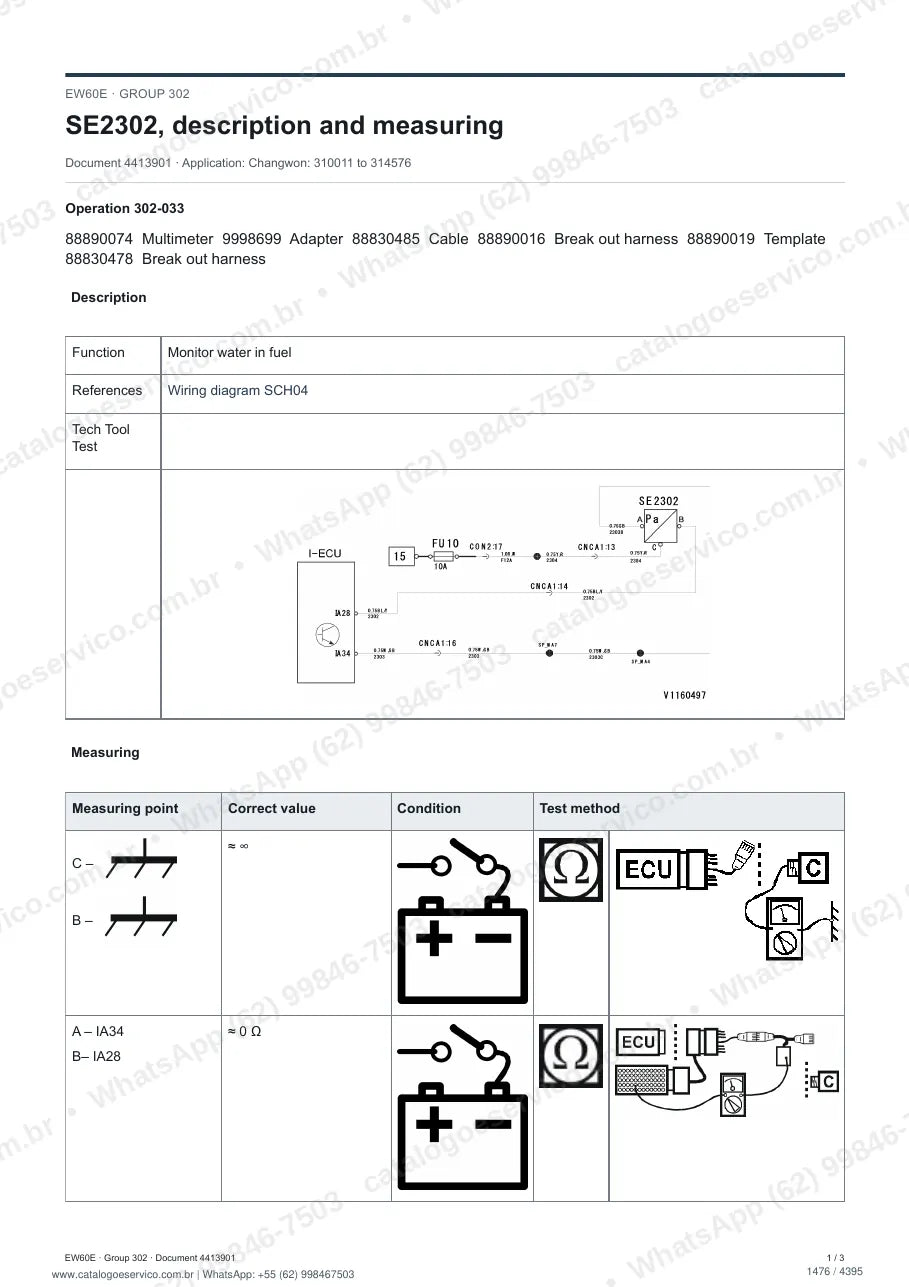 Manual de serviço Volvo EW60E: página de procedimento com texto e figura