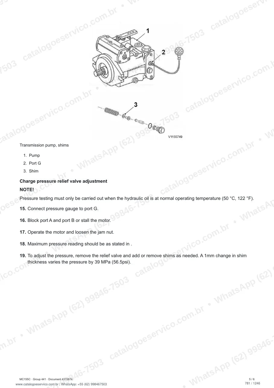 Manual de serviço Volvo MC155C: página de procedimento com texto e figura