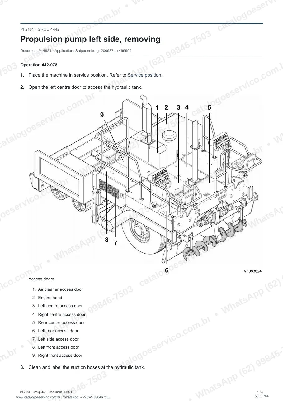 Manual de serviço Volvo PF2181: página de procedimento com texto e figura