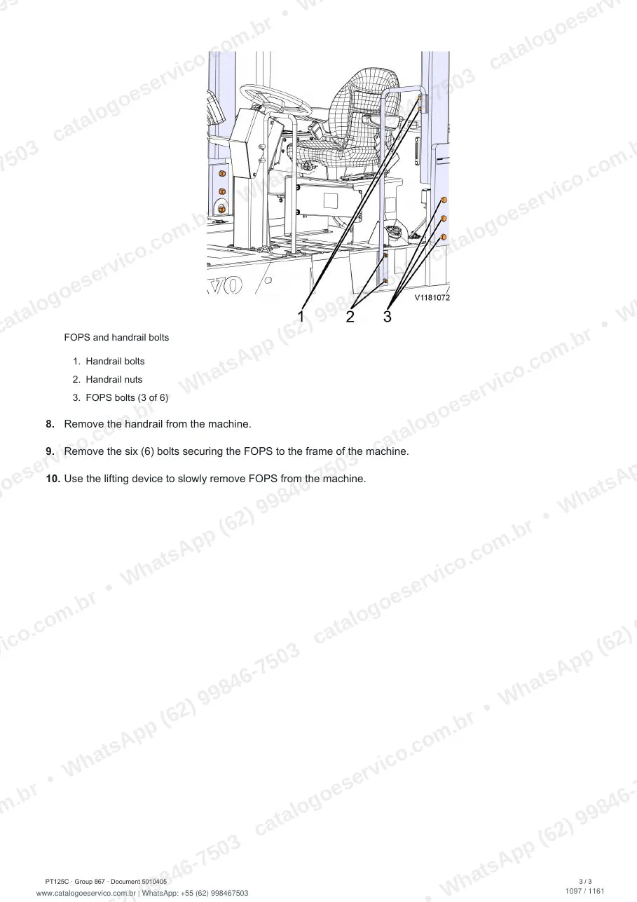 Manual de serviço Volvo PT125C: página de procedimento com texto e figura (2)