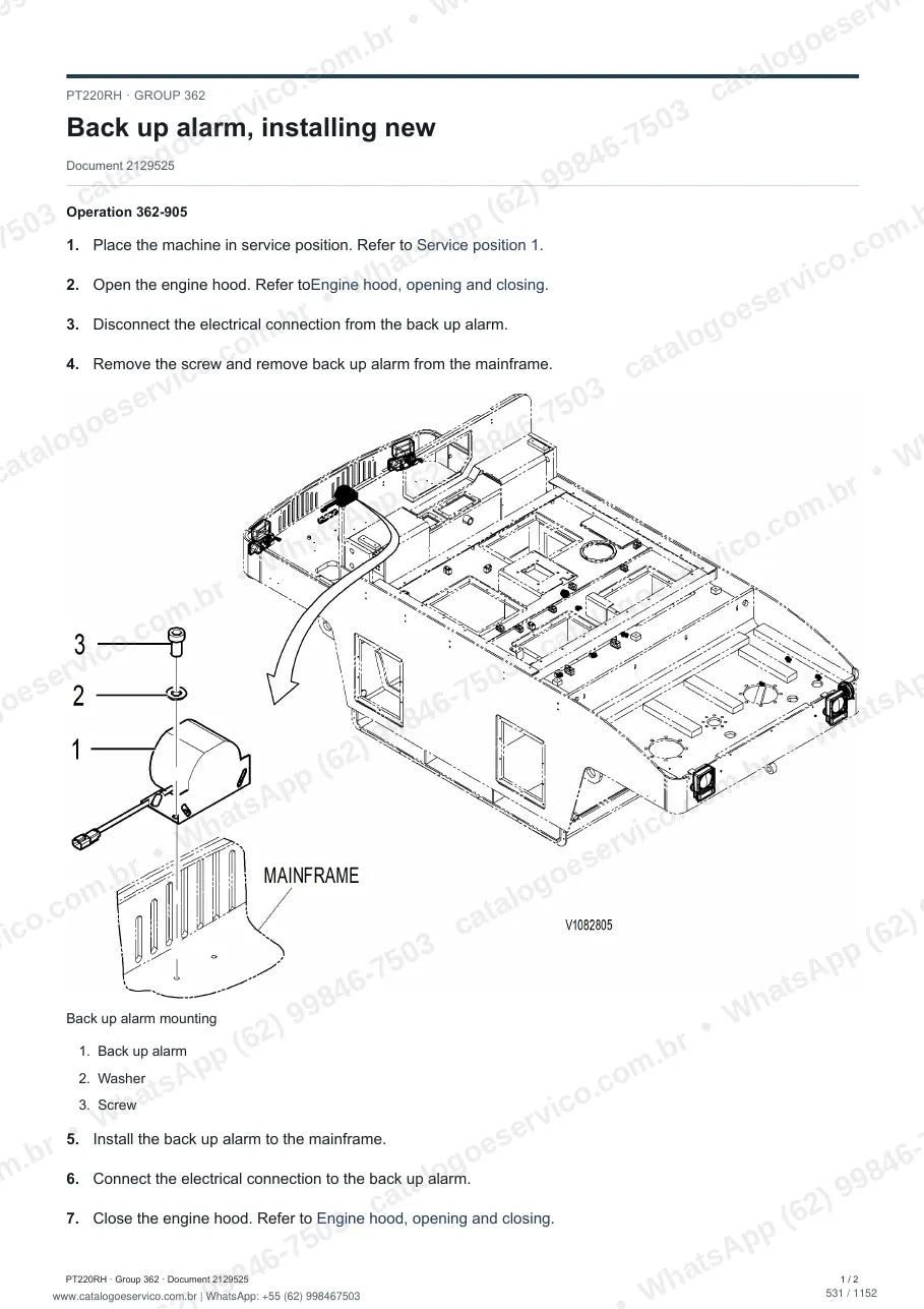 Manual de serviço Volvo PT220RH: página de procedimento com texto e figura (2)