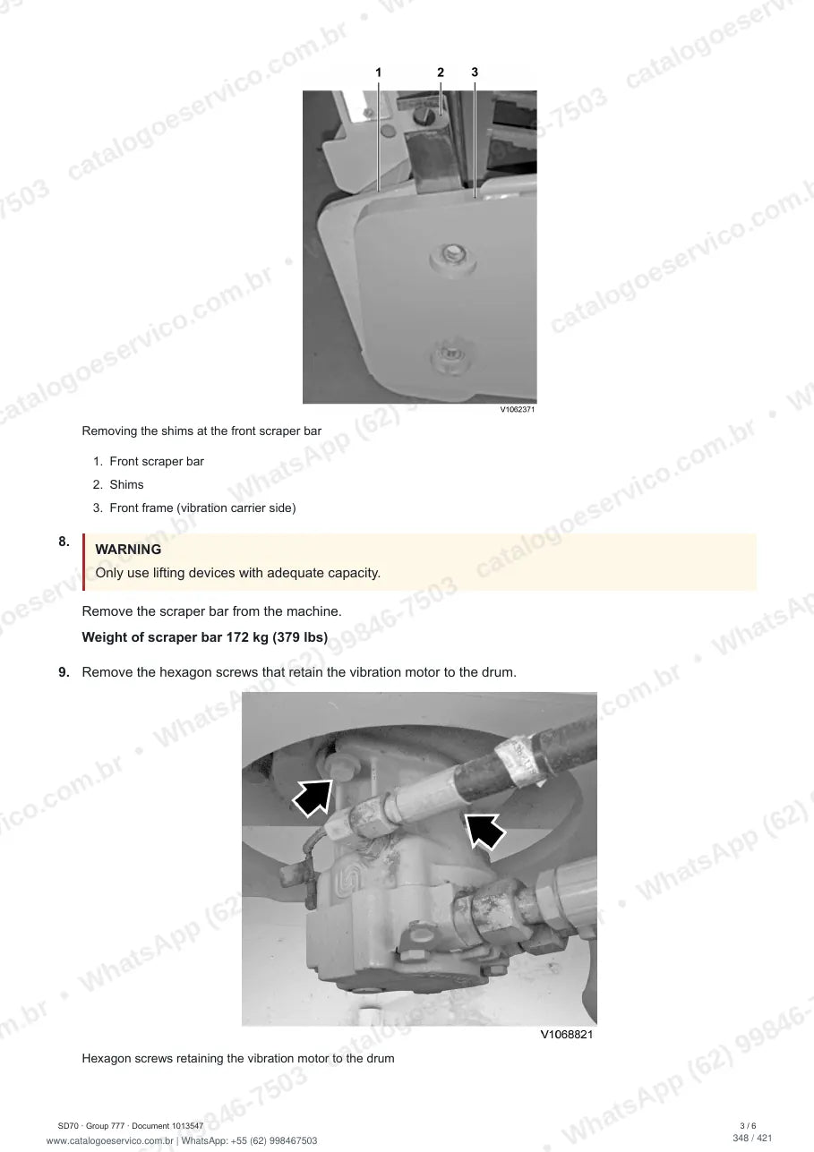 Manual de serviço Volvo SD70: página de procedimento com texto e figura (2)