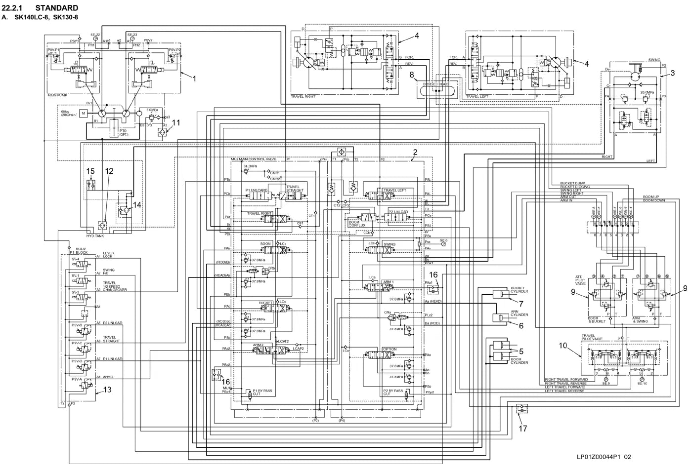 Esquema hidráulico/elétrico do Kobelco SK130-8