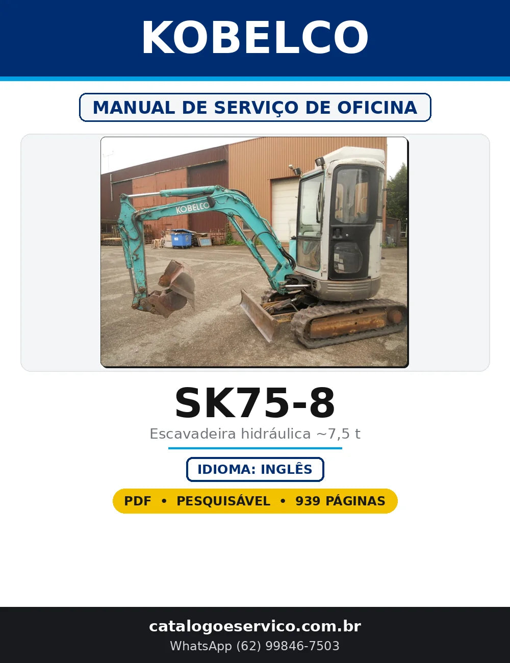 Capa do Manual de Serviço de Oficina Kobelco SK75-8 em PDF com 939 páginas