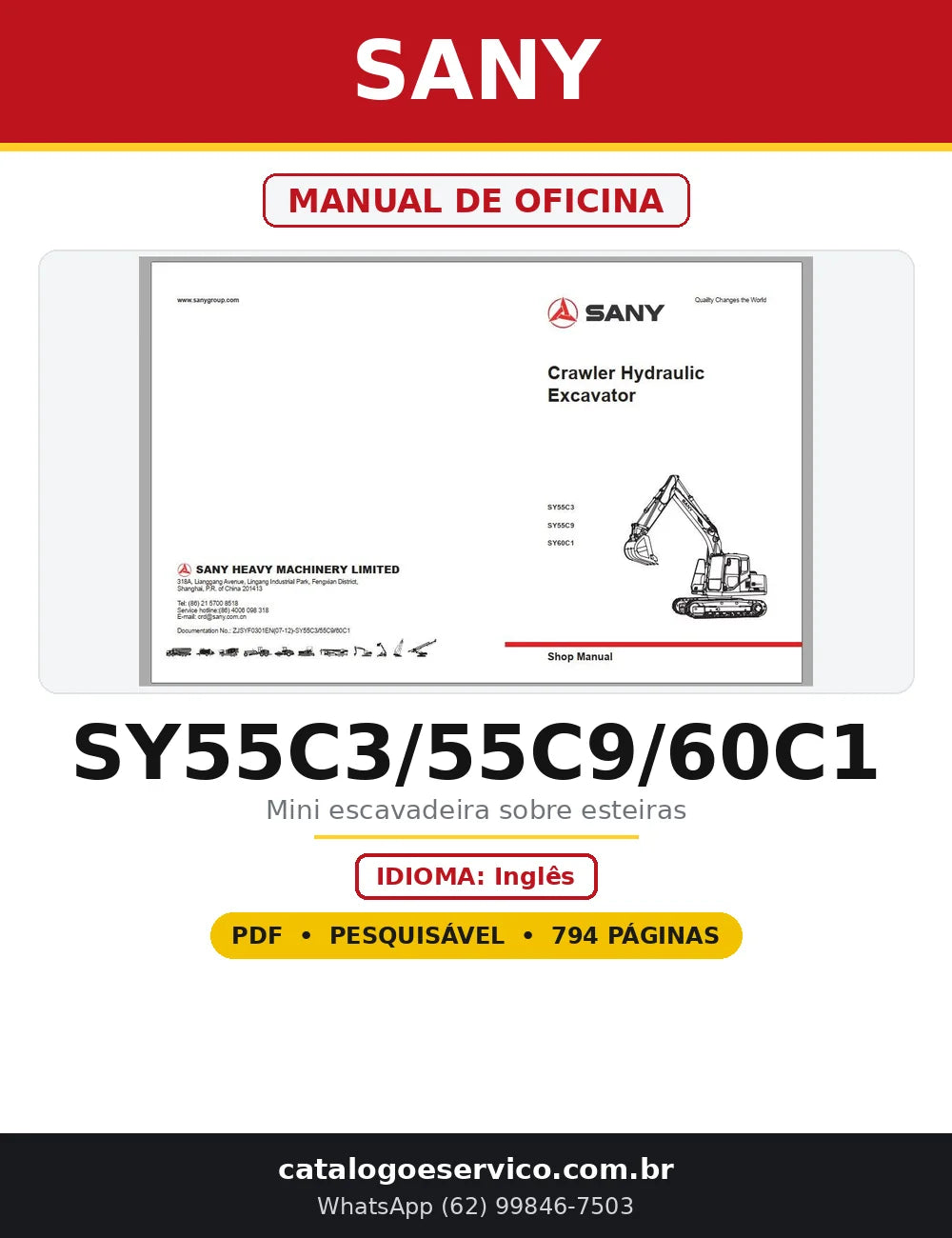 Capa do Manual de Oficina Sany SY55C3/55C9/60C1 em PDF com 794 páginas