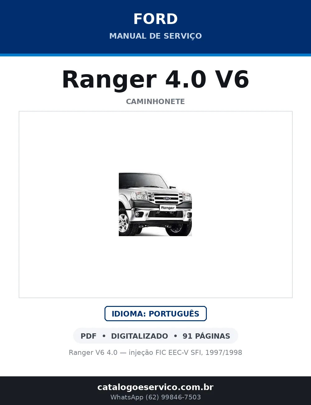 Capa do Manual de Serviço Ford Ranger 4.0 V6 em PDF — Ranger V6 4.0 — injeção FIC EEC-V SFI, 1997/1998