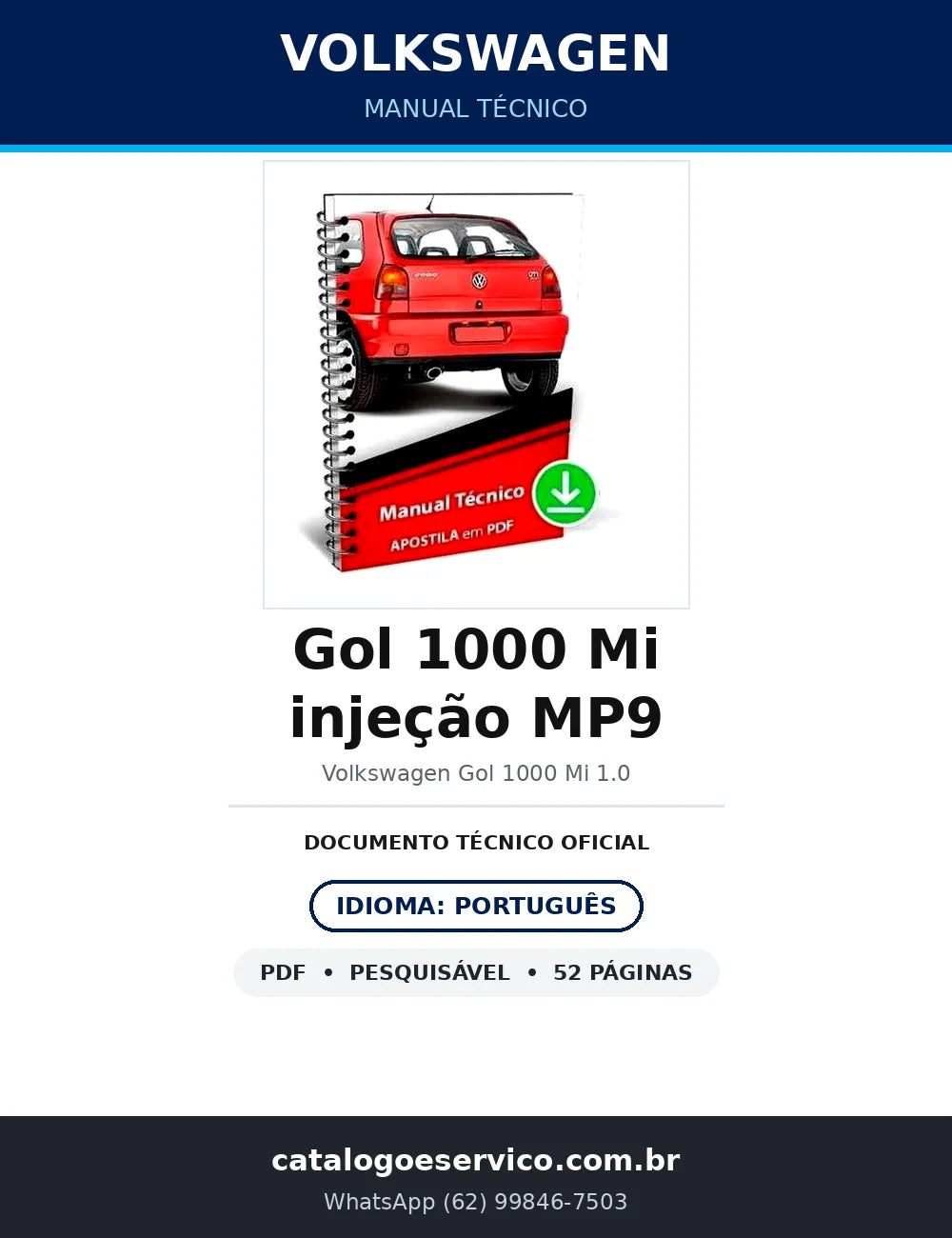 Manual Técnico Volkswagen Gol 1000 Mi — injeção MP9 — 52 págs. — capa