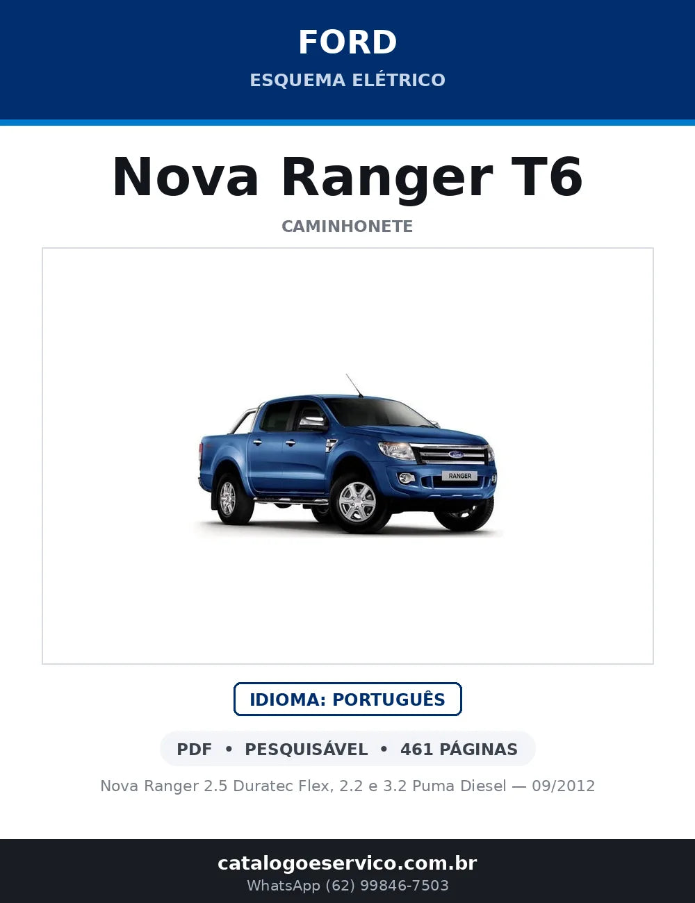 Capa do Esquema Elétrico Ford Nova Ranger T6 em PDF — Nova Ranger 2.5 Duratec Flex, 2.2 e 3.2 Puma Diesel — 09/2012