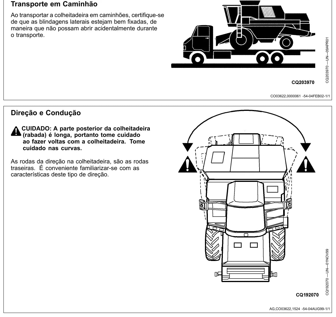 Página interna com tabela e ilustração de operação — John Deere 1470 / 1570 (amostra 1 de 2)