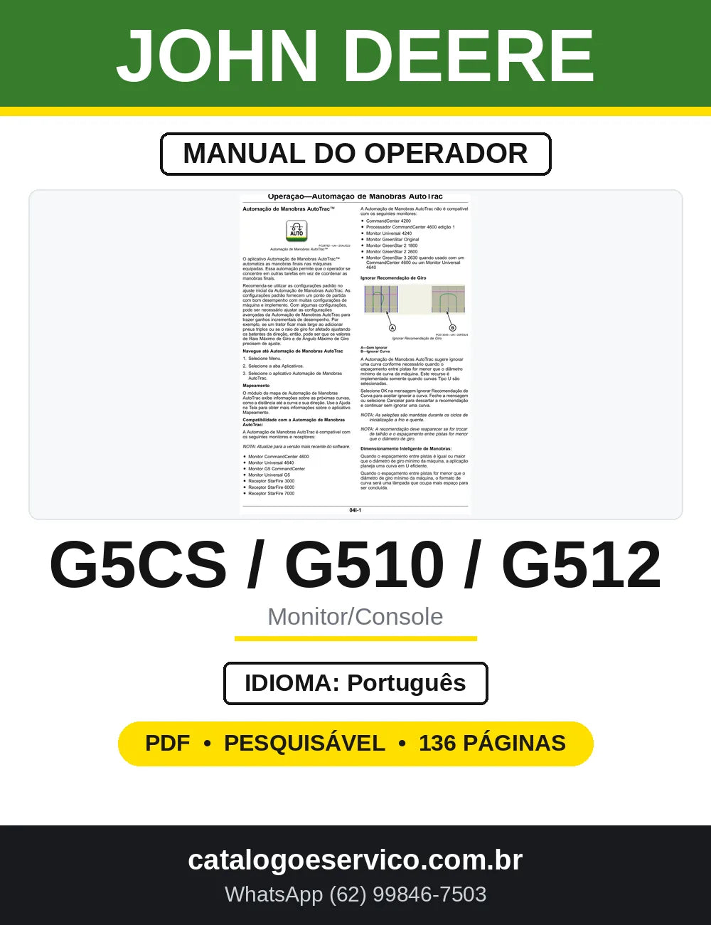 Manual do Operador John Deere G5CS, G510 e G512 — capa