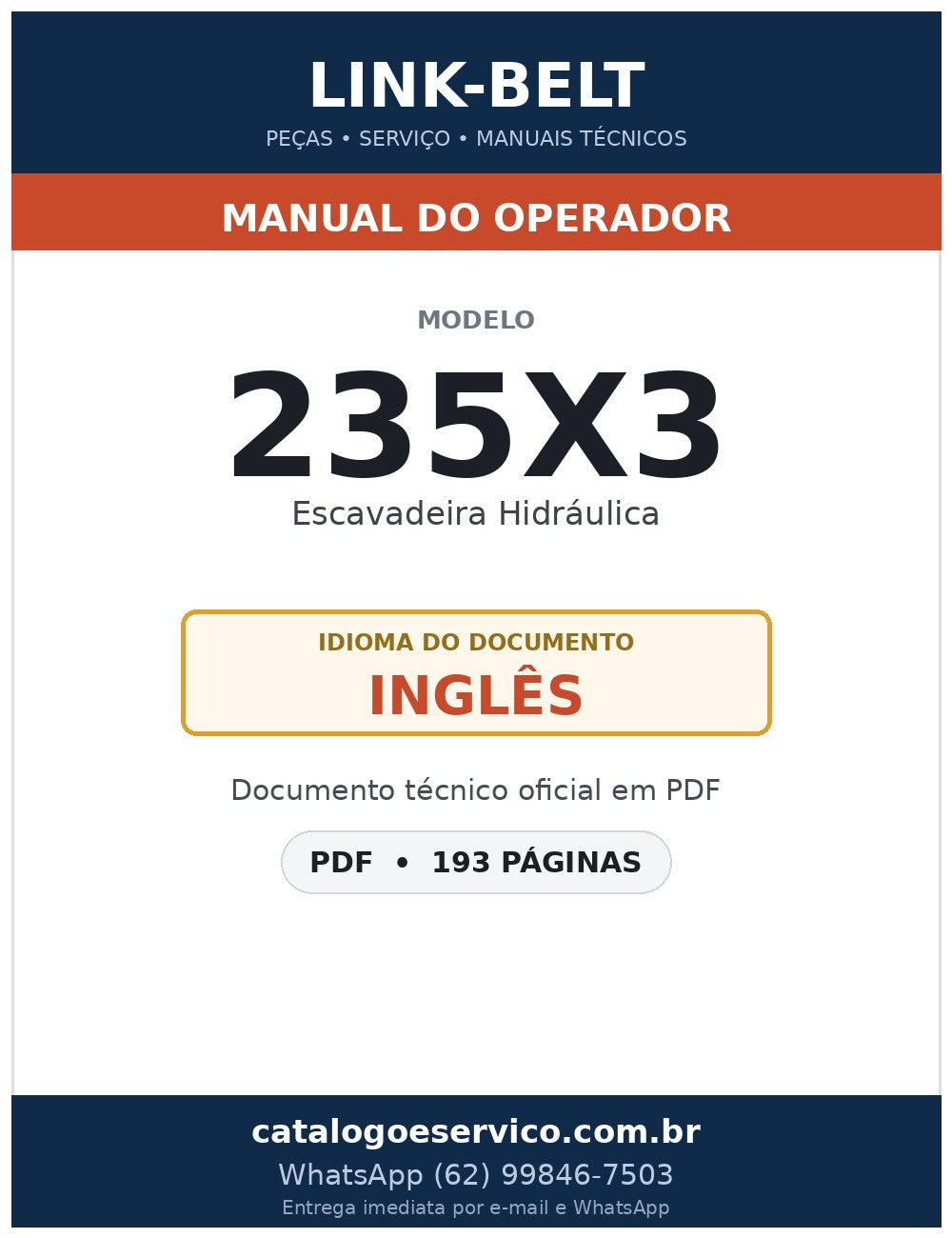 Manual do Operador Link-Belt 235X3 Escavadeira Hidráulica