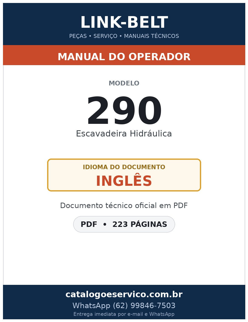 Manual do Operador Link-Belt 290 Escavadeira Hidráulica