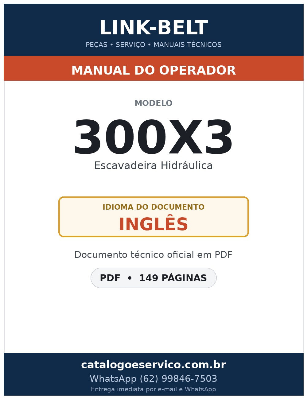 Manual do Operador Link-Belt 300X3 Escavadeira Hidráulica