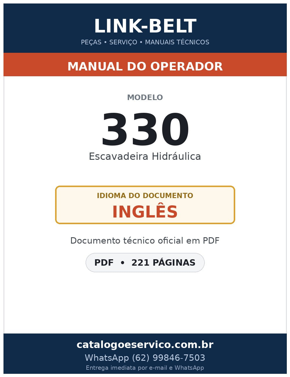 Manual do Operador Link-Belt 330 Escavadeira Hidráulica