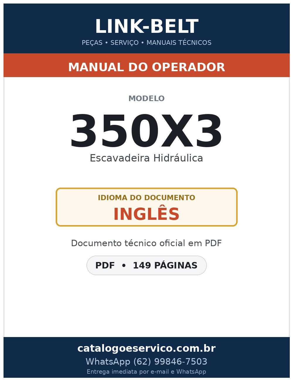 Manual do Operador Link-Belt 350X3 Escavadeira Hidráulica