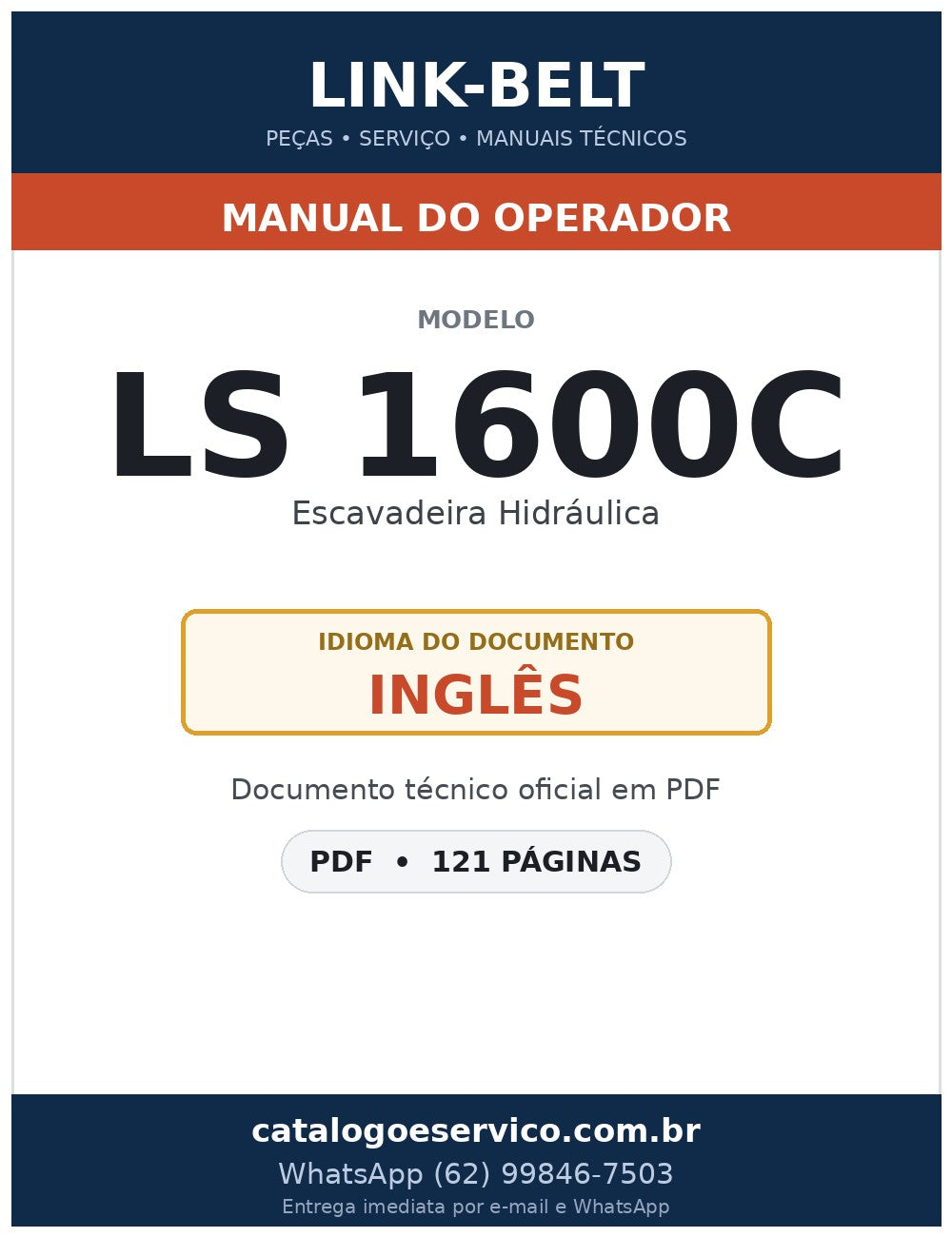 Manual do Operador Link-Belt LS 1600C Escavadeira Hidráulica