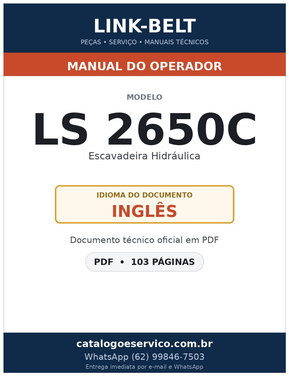 Manual do Operador Link-Belt LS 2650C Escavadeira Hidráulica