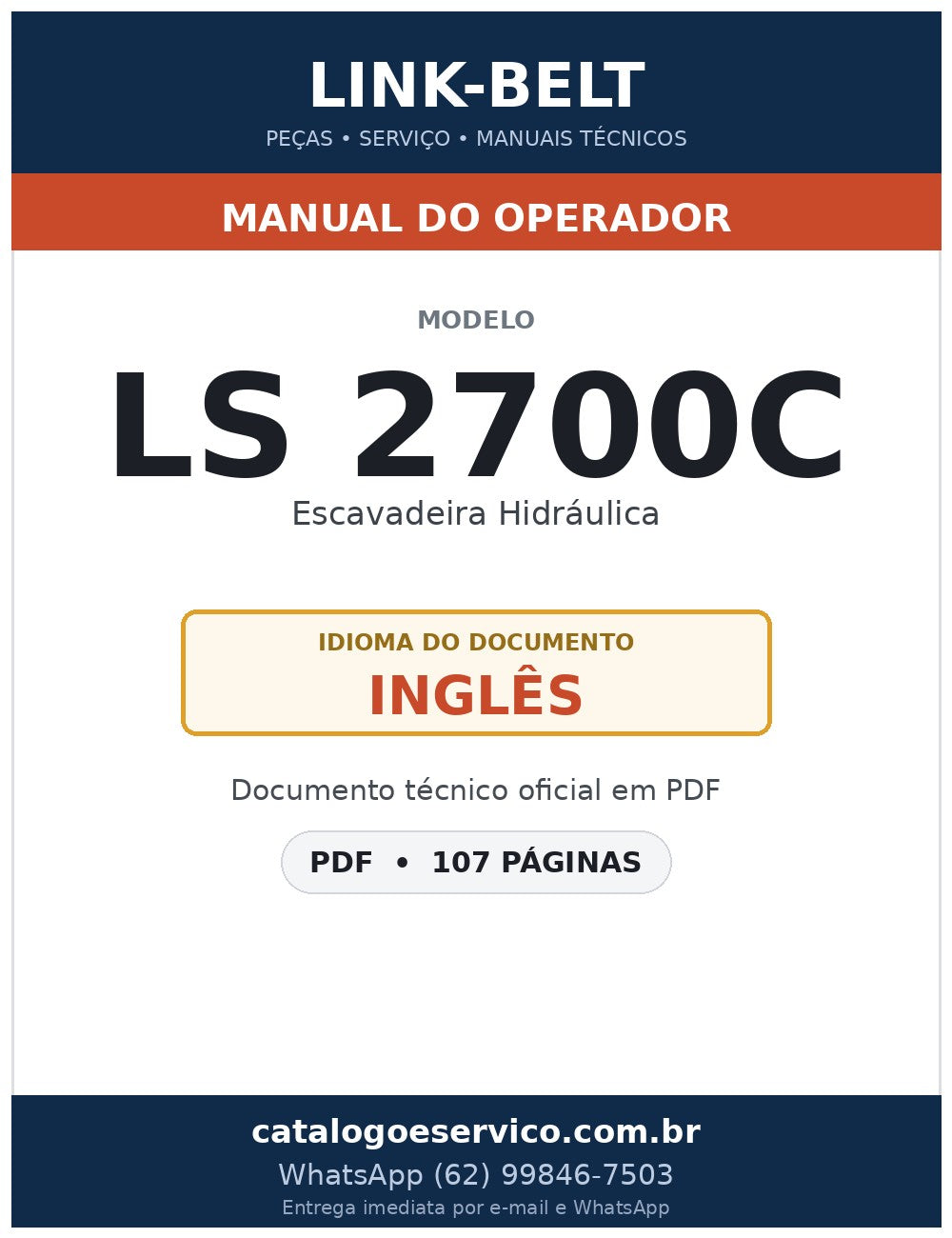 Manual do Operador Link-Belt LS 2700C Escavadeira Hidráulica