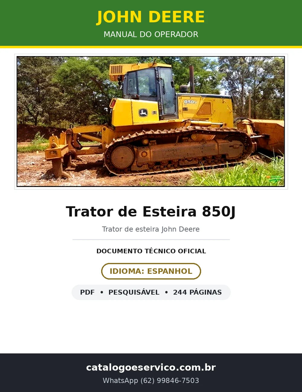 Manual do Operador John Deere Trator de Esteira 850J (Espanhol) — 244 págs. — capa