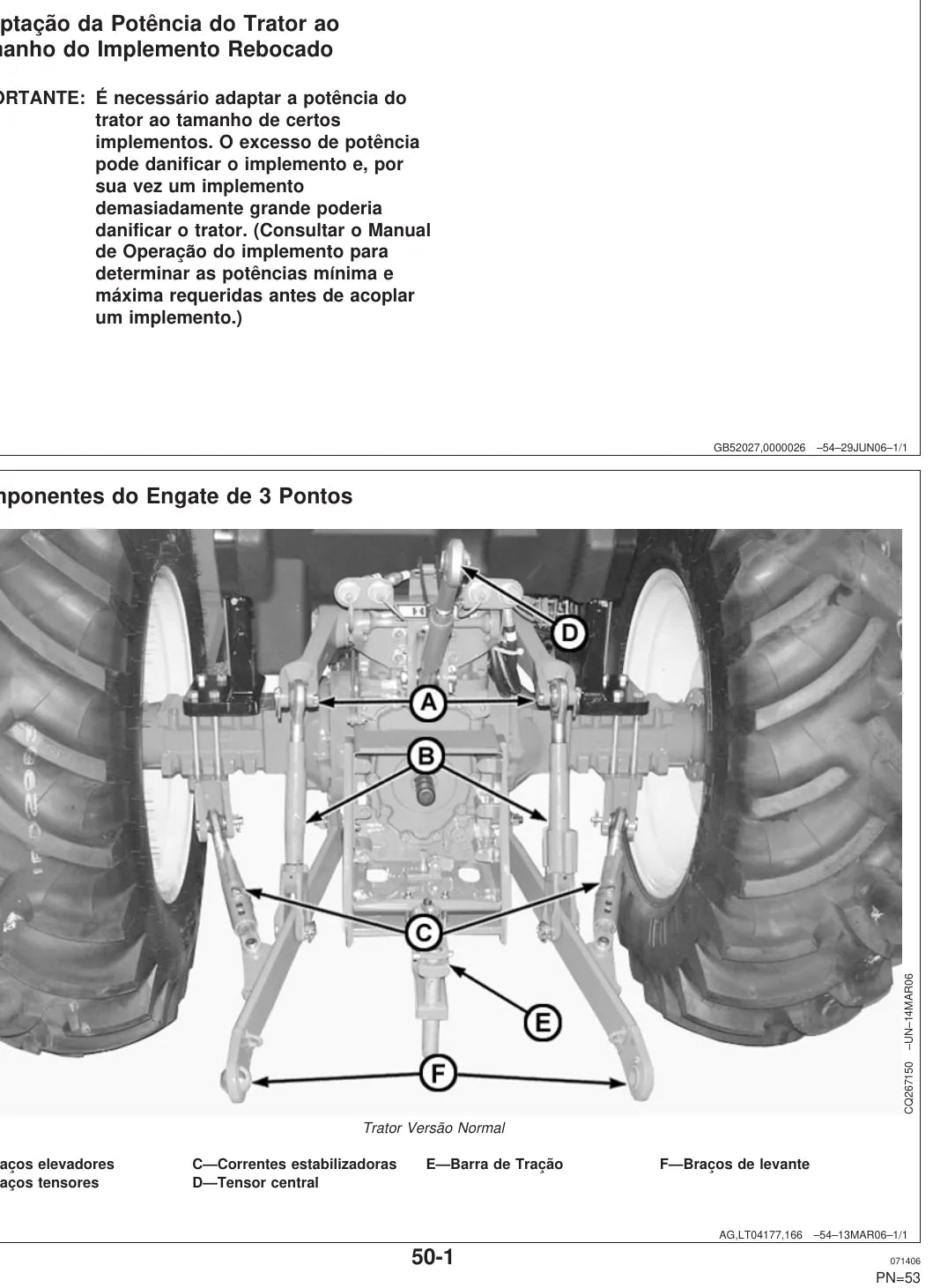 Página interna com tabela e ilustração de operação — John Deere 5605 / 5705 (amostra 1 de 2)