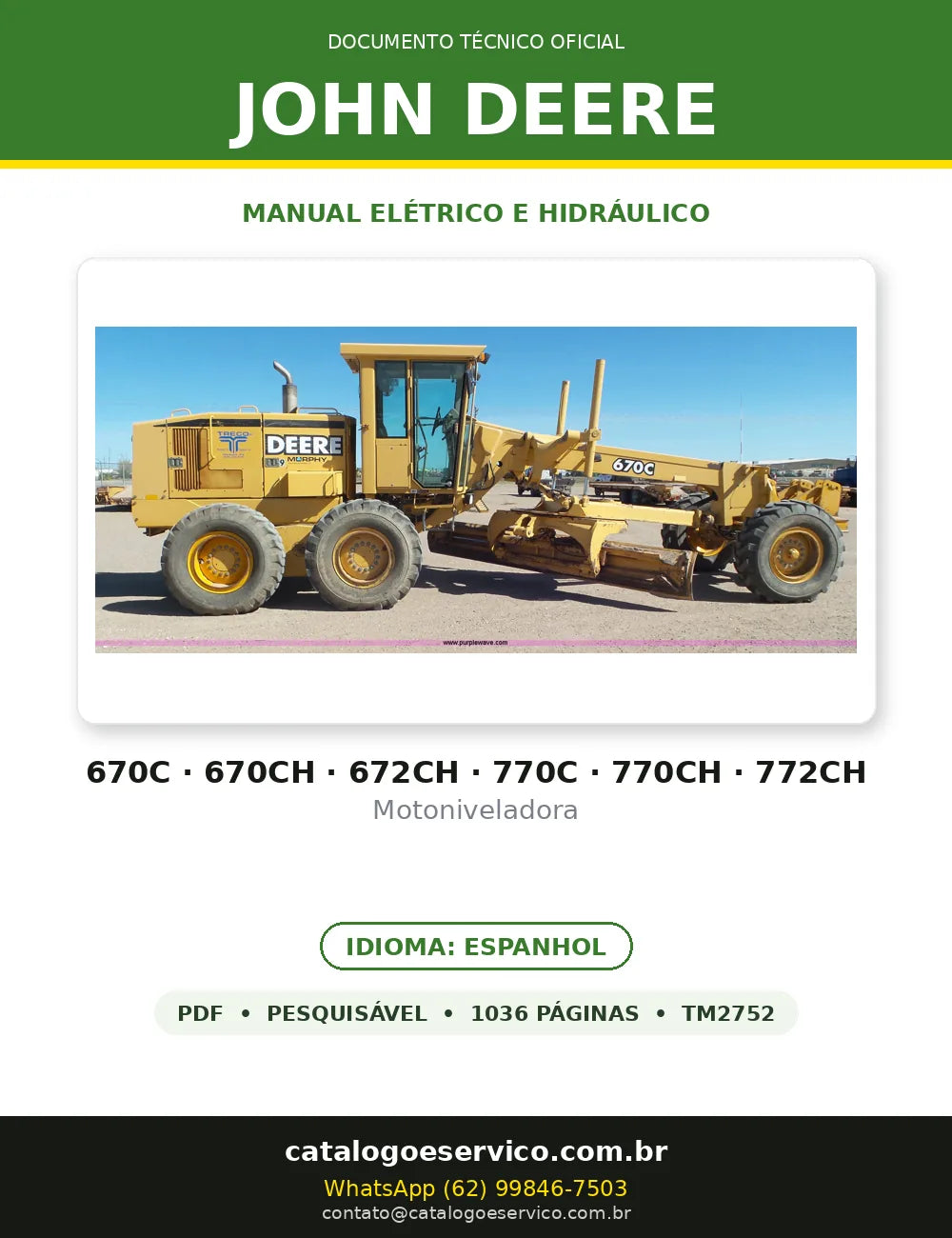Manual Elétrico/Hidráulico John Deere 670C · 670CH · 672CH · 770C em PDF — capa do documento técnico (1036 páginas, Espanhol)