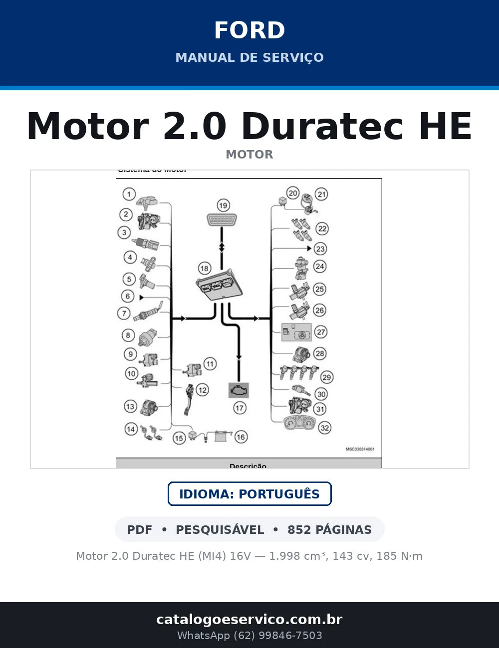 Capa do Manual de Serviço Ford Motor 2.0 Duratec HE em PDF — Motor 2.0 Duratec HE (MI4) 16V — 1.998 cm³, 143 cv, 185 N·m