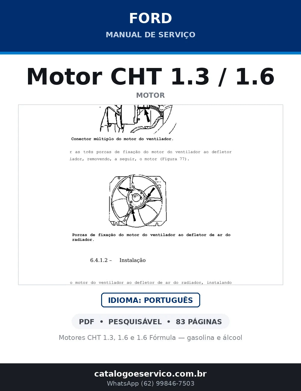 Capa do Manual de Serviço Ford Motor CHT 1.3 / 1.6 em PDF — Motores CHT 1.3, 1.6 e 1.6 Fórmula — gasolina e álcool