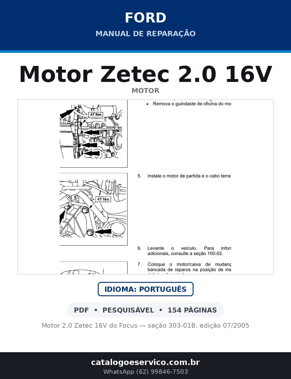 Capa do Manual de Reparação Ford Motor Zetec 2.0 16V em PDF — Motor 2.0 Zetec 16V do Focus — seção 303-01B, edição 07/2005
