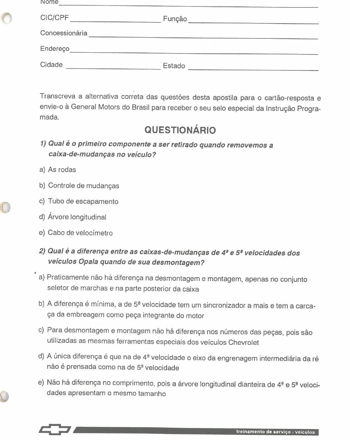 Manual de Treinamento Técnico Caixa de Mudanças GM Opala 5 Velocidades — página interna 1 do PDF (Manual de Serviço)