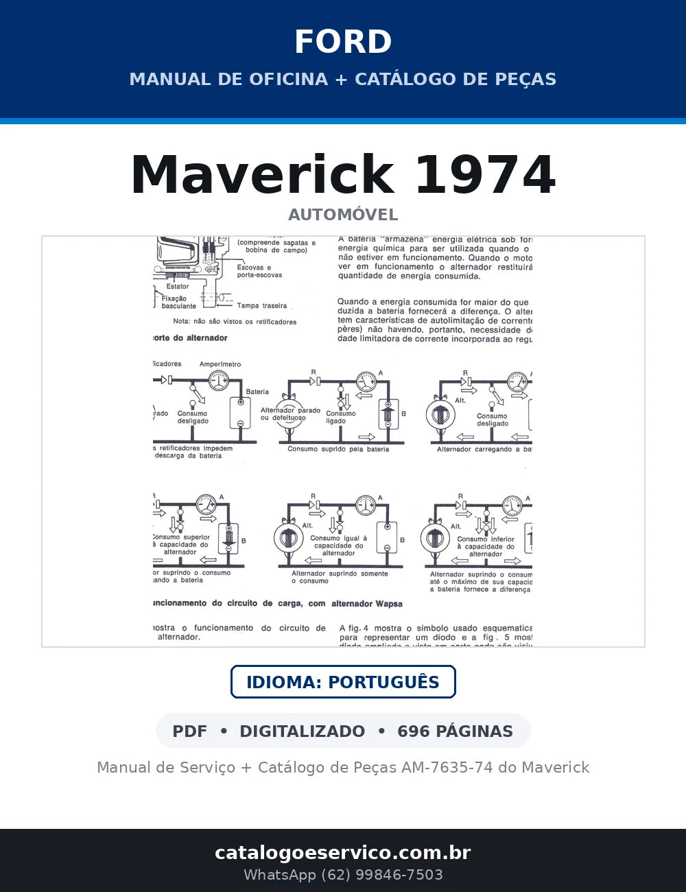 Capa do Manual de Oficina + Catálogo de Peças Ford Maverick 1974 em PDF — Manual de Serviço + Catálogo de Peças AM-7635-74 do Maverick