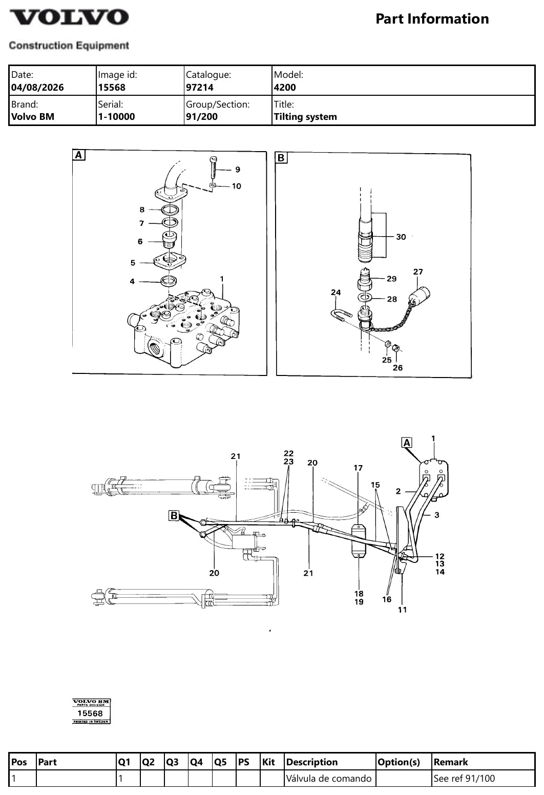 Catálogo de Peças Volvo BM 4200 — ilustração de peças originais (página interna do PDF)
